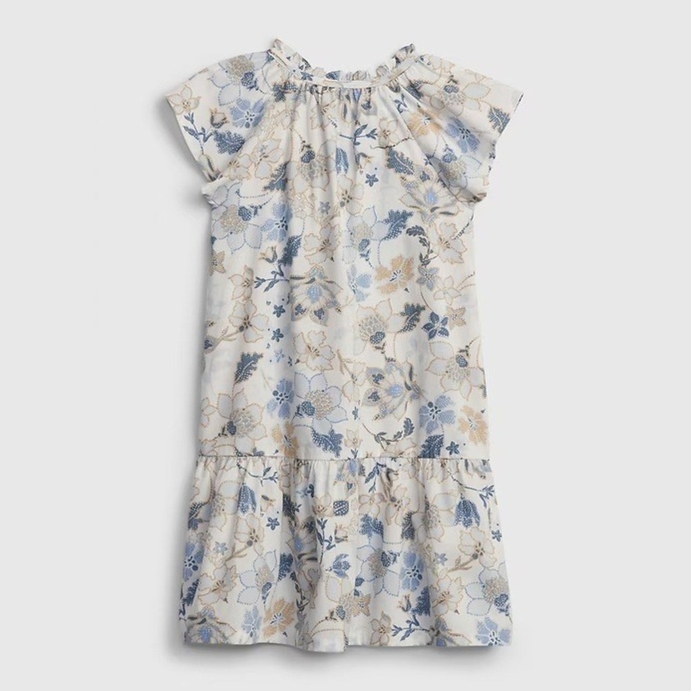 Gap Kids Floral Dress Girls Small Blue Tan Ruffle Flutter Sleeve Boho‎ Shift